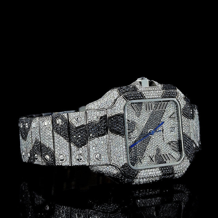 Cartier Santos Roman Dial Black Camo Bracelet Fully Iced Out Moissanite Watch Right Profile View