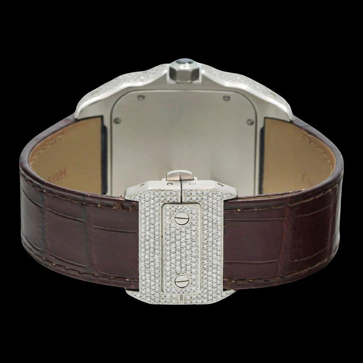 Cartier Santos Roman Dial Dial Diamond Bezel Brown Leather Strap Semi Iced Out Moissanite Watch Caseback View