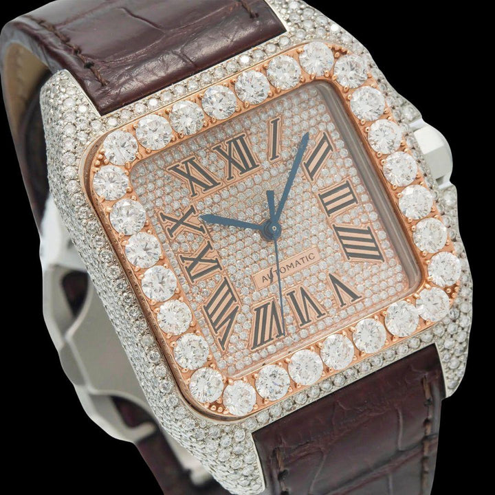 Cartier Santos Roman Dial Dial Diamond Bezel Brown Leather Strap Semi Iced Out Moissanite Watch Close Up Dial View