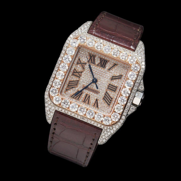 Cartier Santos Roman Dial Dial Diamond Bezel Brown Leather Strap Semi Iced Out Moissanite Watch Close Up Front View