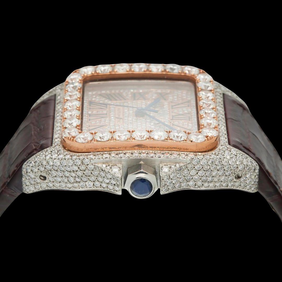 Cartier Santos Roman Dial Dial Diamond Bezel Brown Leather Strap Semi Iced Out Moissanite Watch Crown View