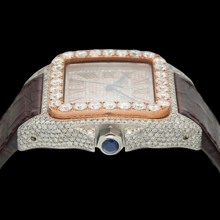 Cartier Santos Roman Dial Dial Diamond Bezel Brown Leather Strap Semi Iced Out Moissanite Watch Crown View