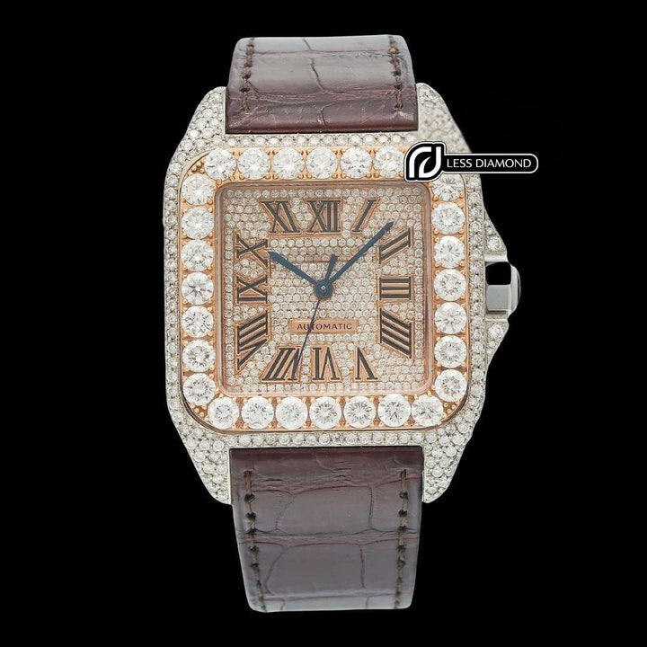 Cartier Santos Roman Dial Dial Diamond Bezel Brown Leather Strap Semi Iced Out Moissanite Watch Front View