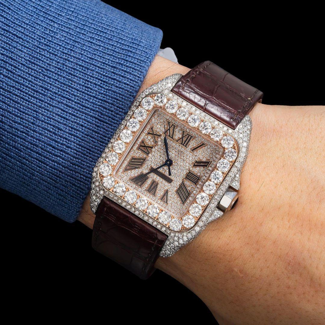 Cartier Santos Roman Dial Dial Diamond Bezel Brown Leather Strap Semi Iced Out Moissanite Watch On Wrist View