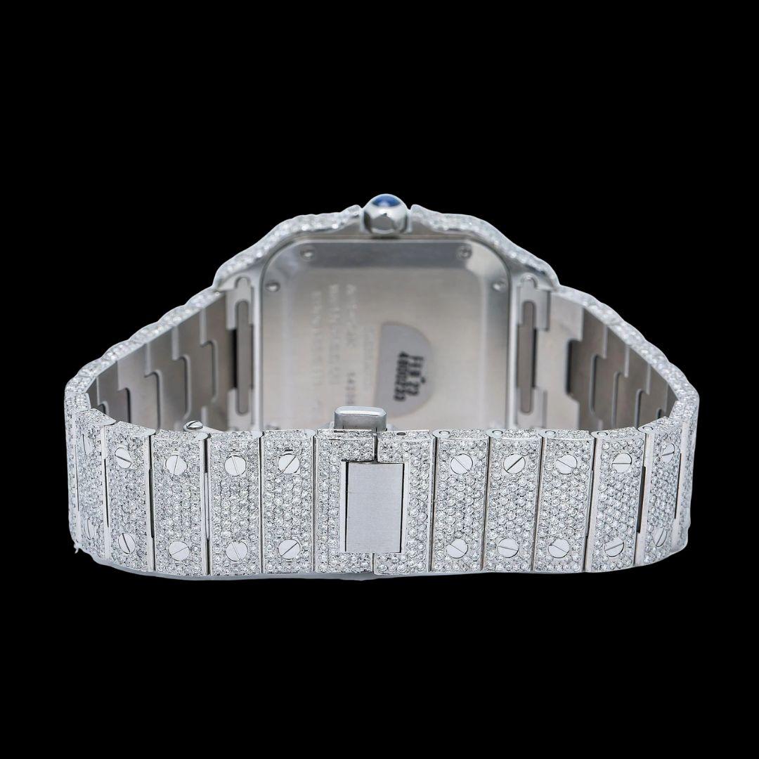 Cartier Santos Rose Gold Dial Roman Numerals Two Tone Fully Iced Out Moissanite Watch Caseback View