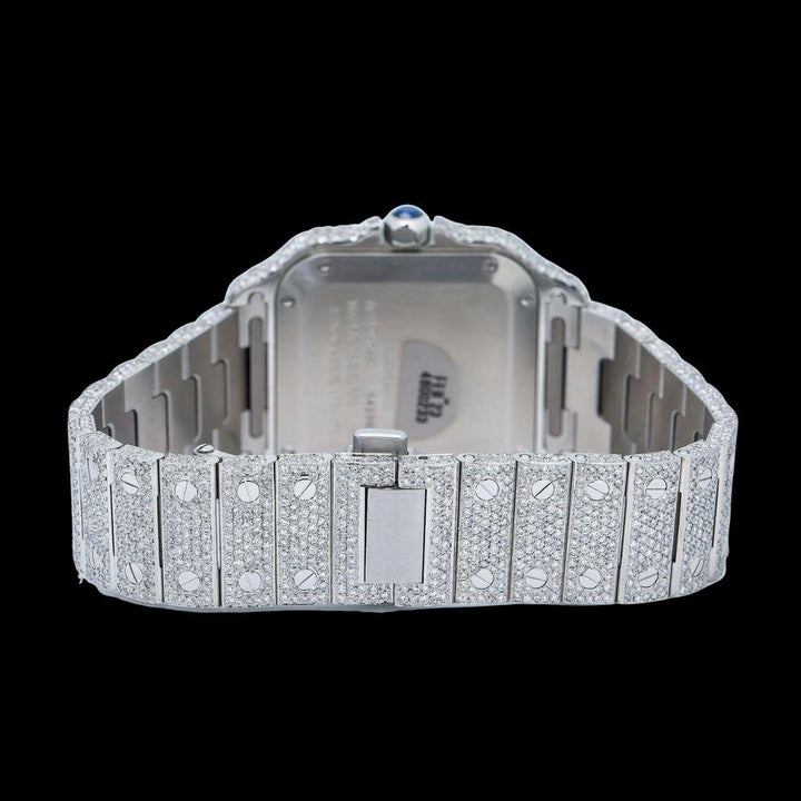 Cartier Santos Rose Gold Dial Roman Numerals Two Tone Fully Iced Out Moissanite Watch Caseback View