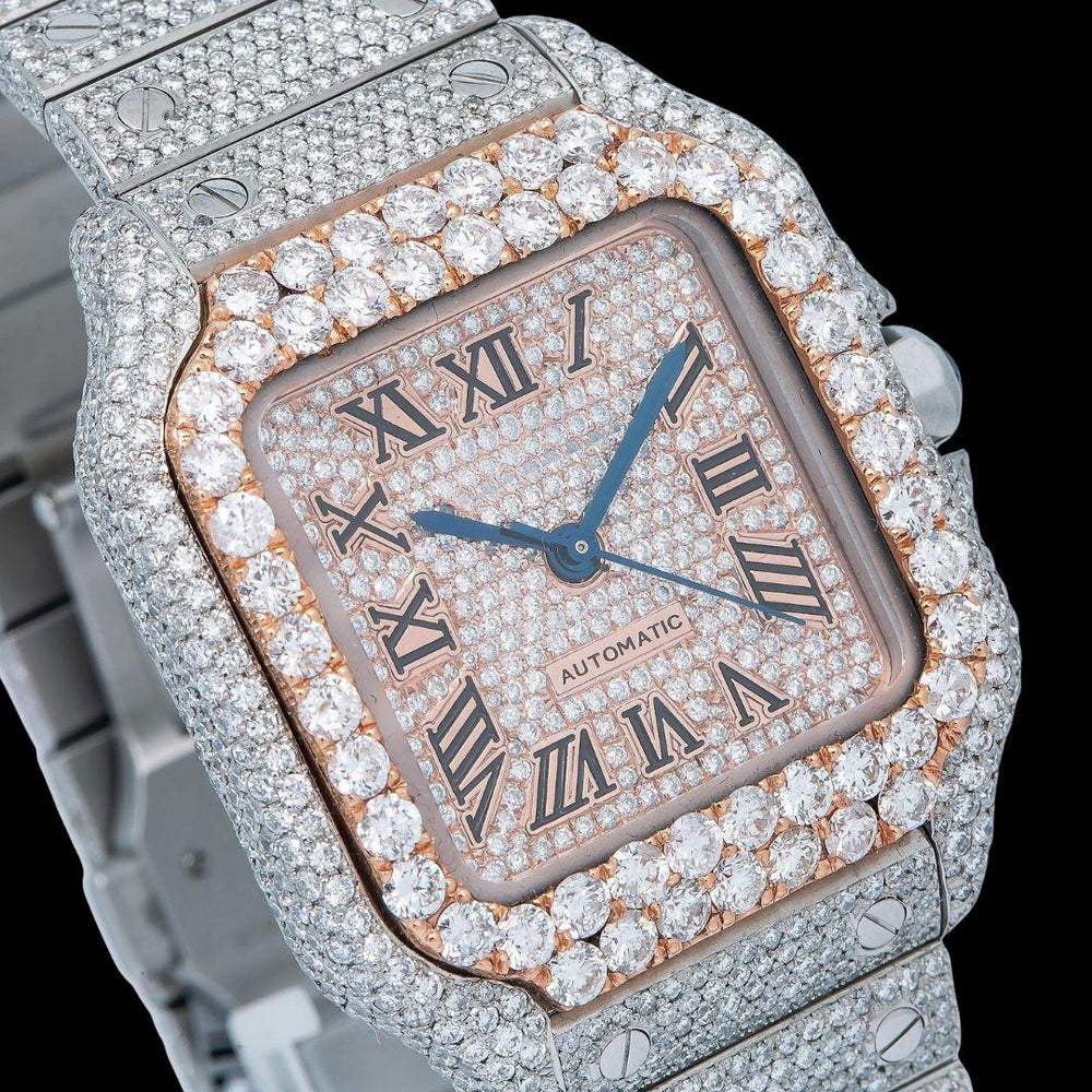 Cartier Santos Rose Gold Dial Roman Numerals Two Tone Fully Iced Out Moissanite Watch Close Up Dial View