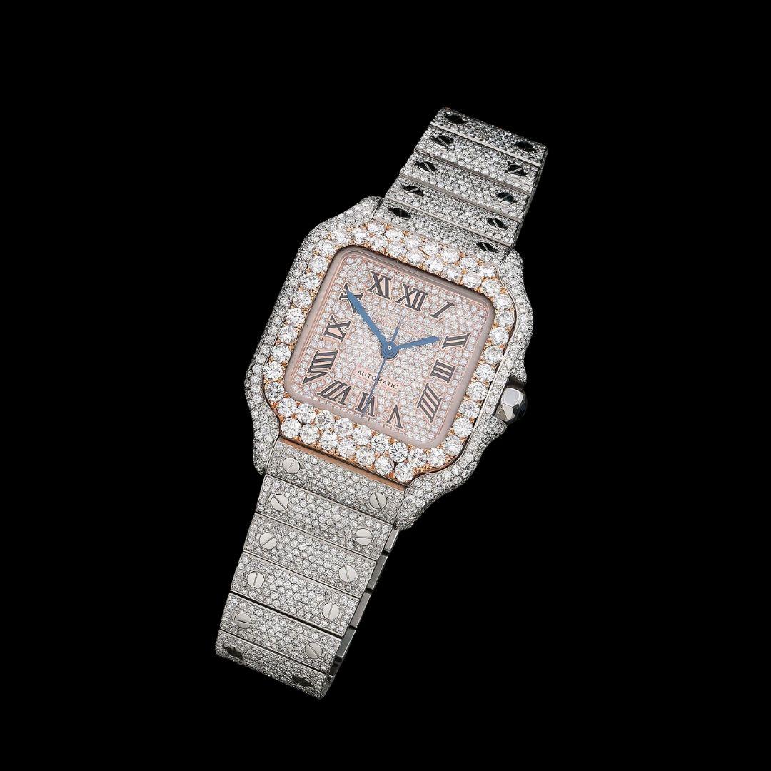 Cartier Santos Rose Gold Dial Roman Numerals Two Tone Fully Iced Out Moissanite Watch Close Up Front View