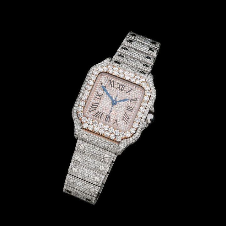 Cartier Santos Rose Gold Dial Roman Numerals Two Tone Fully Iced Out Moissanite Watch Close Up Front View