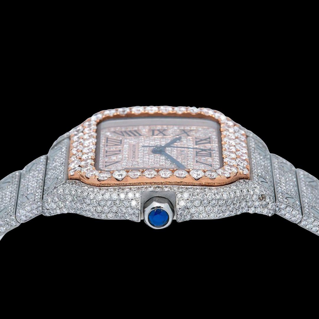Cartier Santos Rose Gold Dial Roman Numerals Two Tone Fully Iced Out Moissanite Watch Crown View