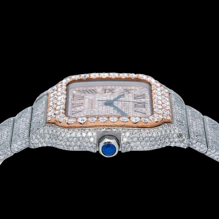 Cartier Santos Rose Gold Dial Roman Numerals Two Tone Fully Iced Out Moissanite Watch Crown View