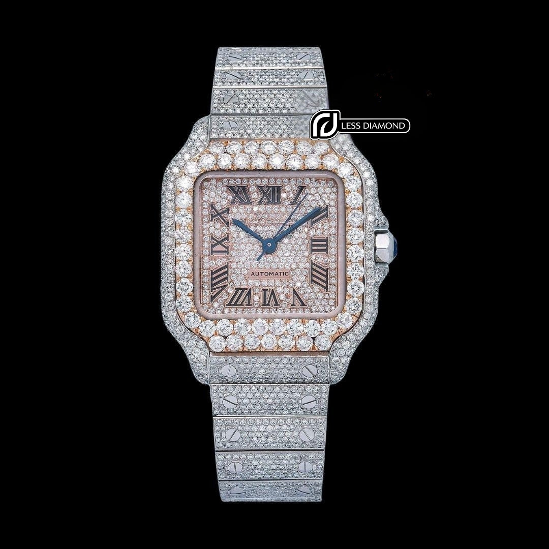 Cartier Santos Rose Gold Dial Roman Numerals Two Tone Fully Iced Out Moissanite Watch Front View