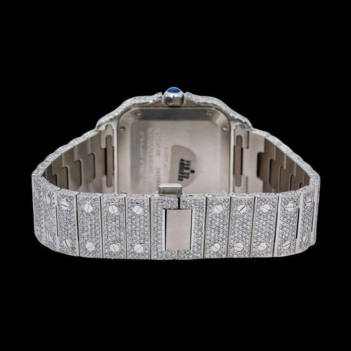 Cartier Santos Rose Gold Roman Dial Two Tone Fully Iced Out Moissanite Watch Caseback View