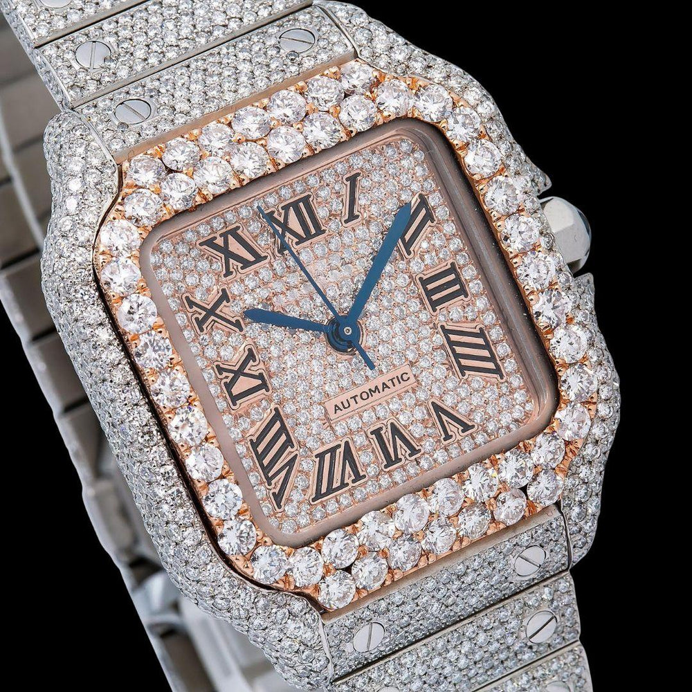 Cartier Santos Rose Gold Roman Dial Two Tone Fully Iced Out Moissanite Watch Close Up Dial View