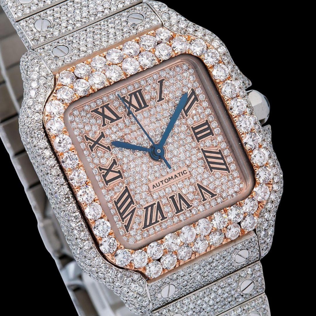 Cartier Santos Rose Gold Roman Dial Two Tone Fully Iced Out Moissanite Watch Close Up Dial View