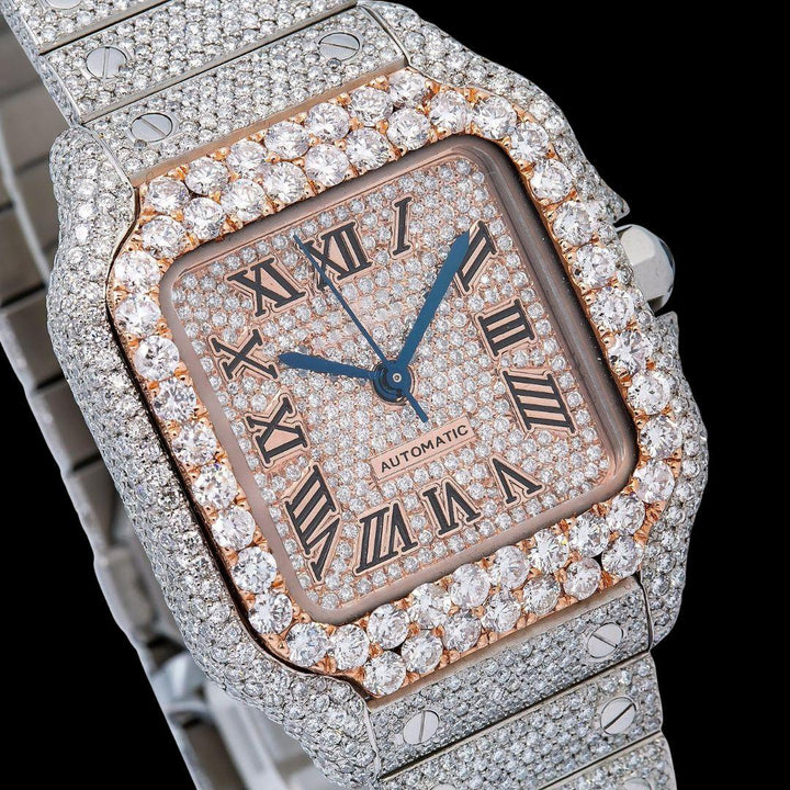 Cartier Santos Rose Gold Roman Dial Two Tone Fully Iced Out Moissanite Watch Close Up Dial View