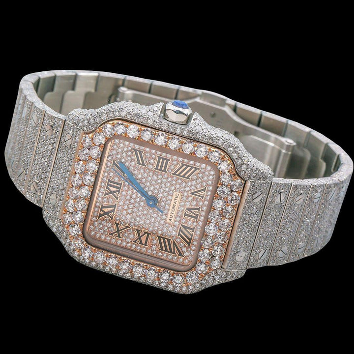 Cartier Santos Rose Gold Roman Dial Two Tone Fully Iced Out Moissanite Watch Close Up Front View