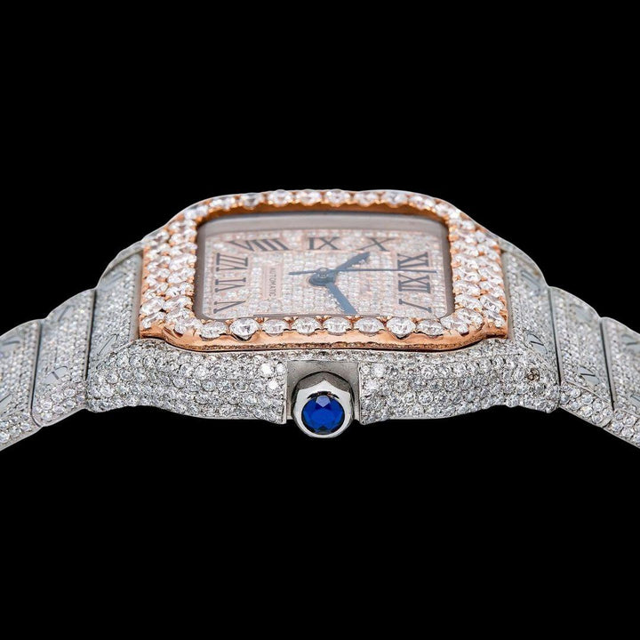 Cartier Santos Rose Gold Roman Dial Two Tone Fully Iced Out Moissanite Watch Crown View