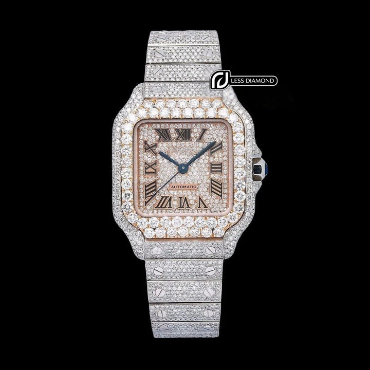 Cartier Santos Rose Gold Roman Dial Two Tone Fully Iced Out Moissanite Watch Front View
