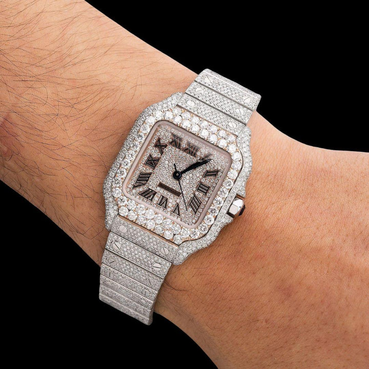 Cartier Santos Rose Gold Roman Dial Two Tone Fully Iced Out Moissanite Watch On Wrist View