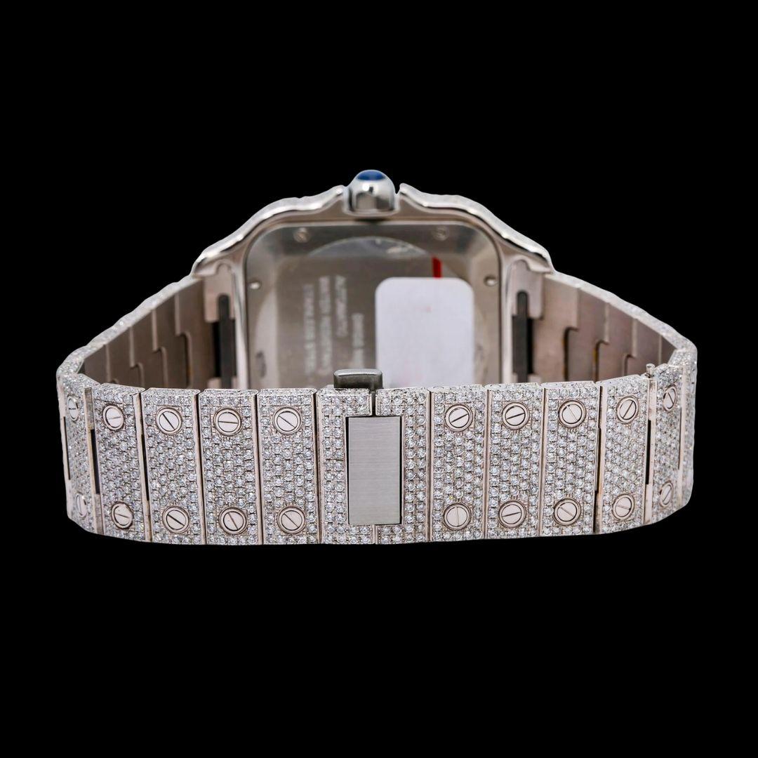 Cartier Santos White Dial Black Roman Numerals Two Tone Rose Gold Moissanite Watch Caseback View