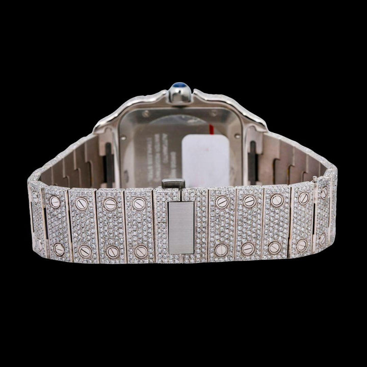 Cartier Santos White Dial Black Roman Numerals Two Tone Rose Gold Moissanite Watch Caseback View