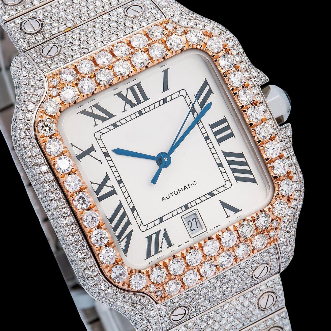 Cartier Santos White Dial Black Roman Numerals Two Tone Rose Gold Moissanite Watch Close Up Dial View