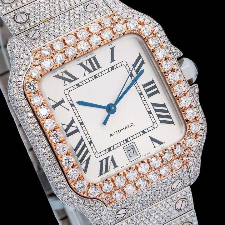 Cartier Santos White Dial Black Roman Numerals Two Tone Rose Gold Moissanite Watch Close Up Dial View