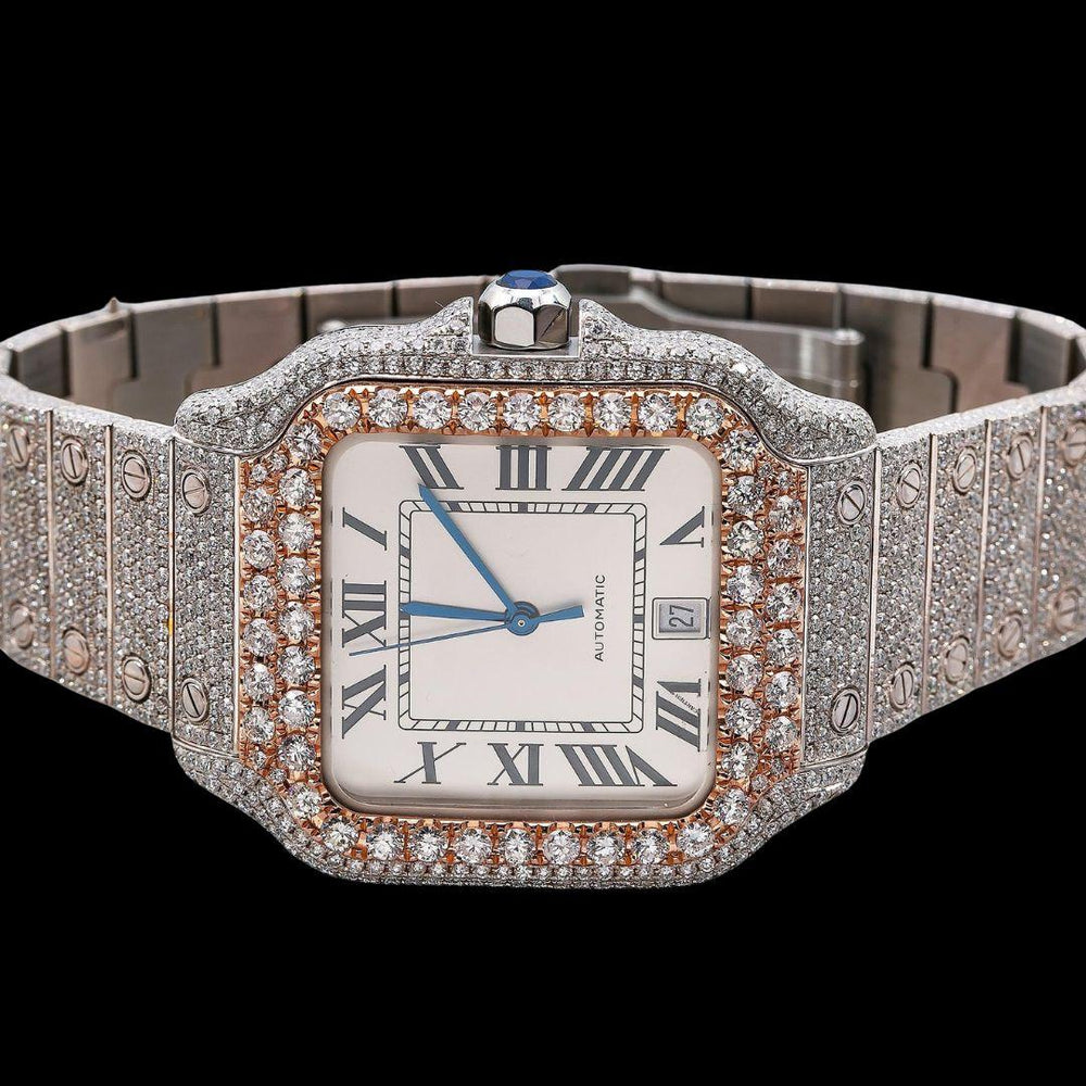 Cartier Santos White Dial Black Roman Numerals Two Tone Rose Gold Moissanite Watch Close Up Front View