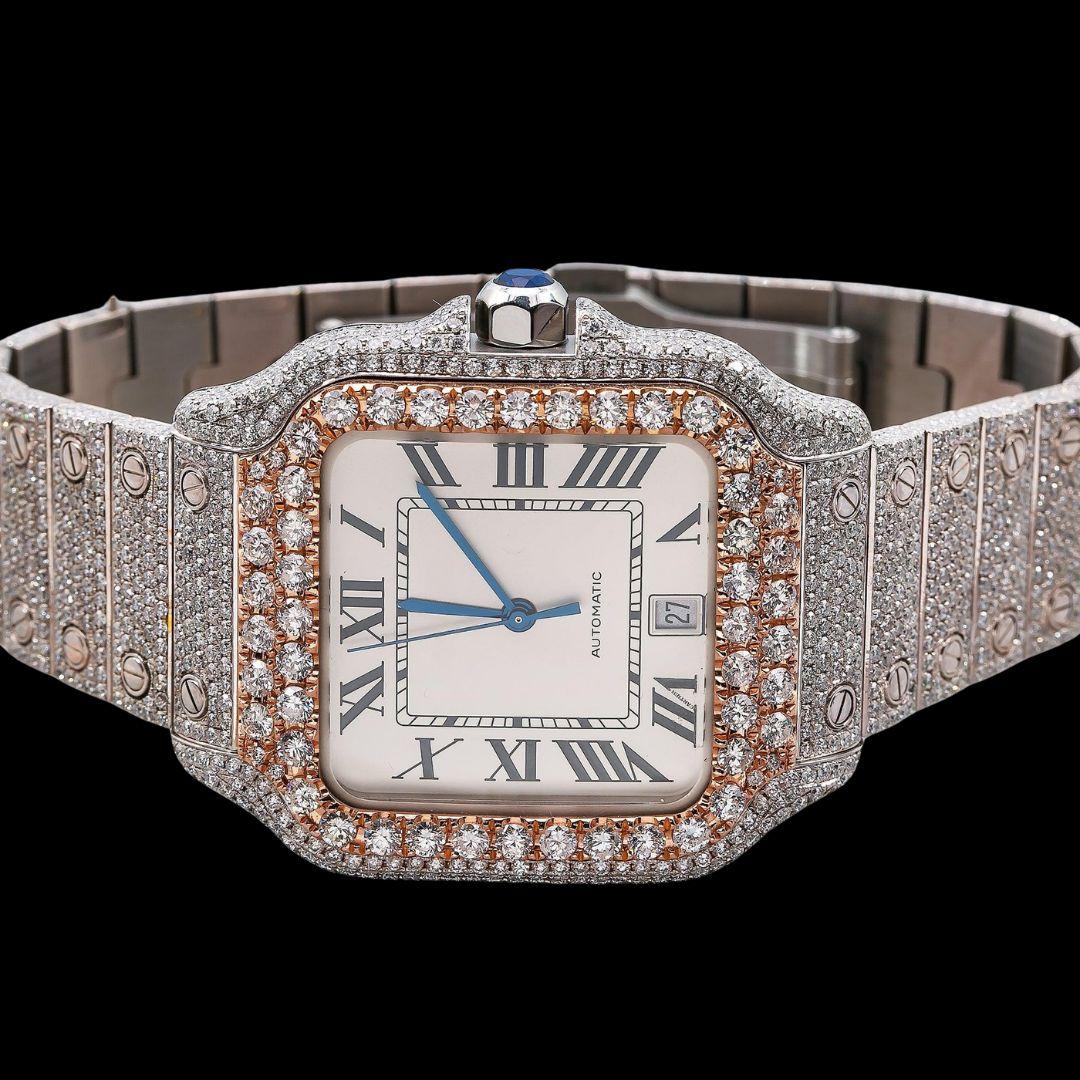 Cartier Santos White Dial Black Roman Numerals Two Tone Rose Gold Moissanite Watch Close Up Front View