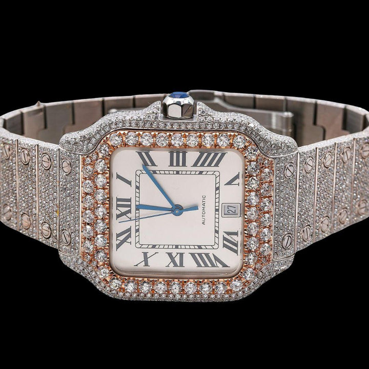 Cartier Santos White Dial Black Roman Numerals Two Tone Rose Gold Moissanite Watch Close Up Front View