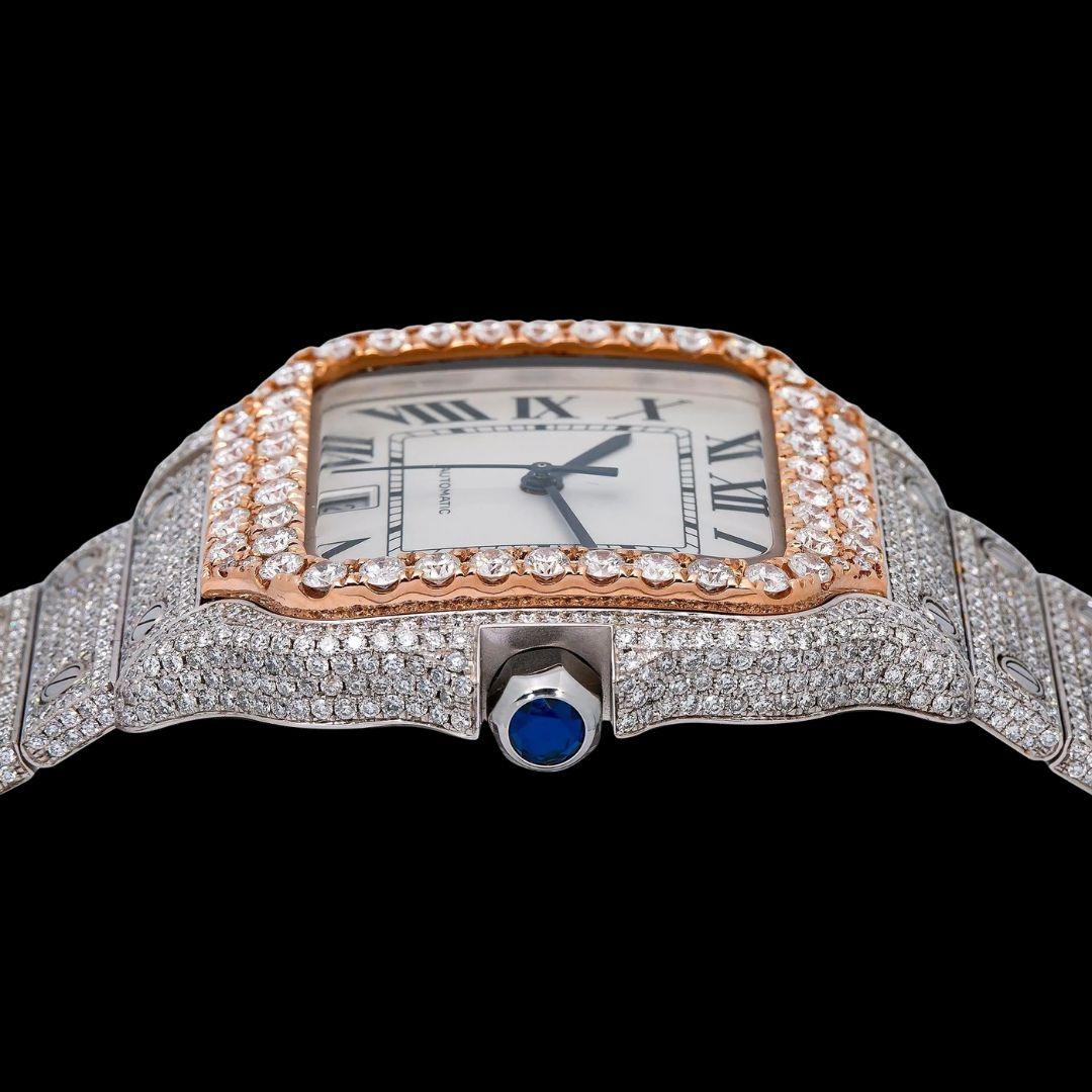 Cartier Santos White Dial Black Roman Numerals Two Tone Rose Gold Moissanite Watch Crown View