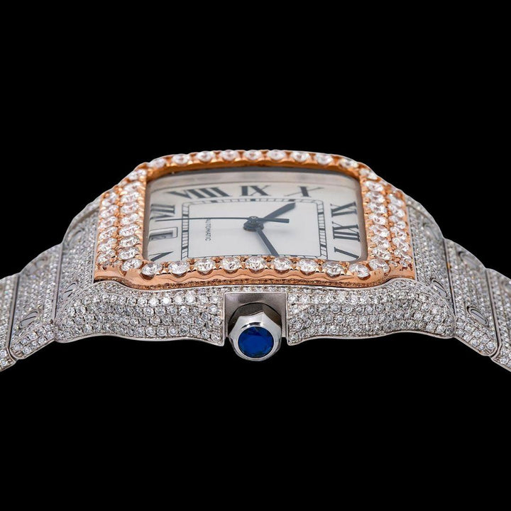 Cartier Santos White Dial Black Roman Numerals Two Tone Rose Gold Moissanite Watch Crown View