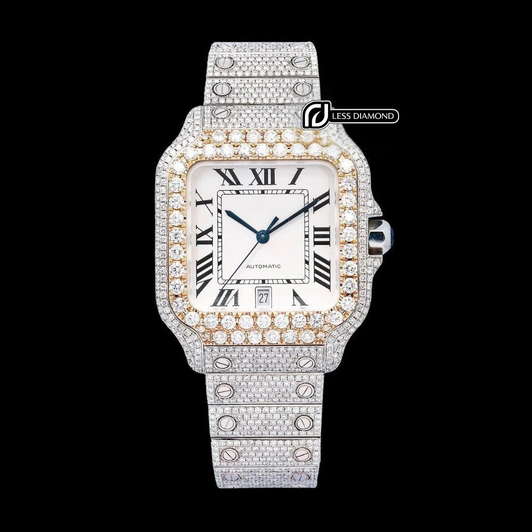 Cartier Santos White Dial Black Roman Numerals Two Tone Rose Gold Moissanite Watch Front View