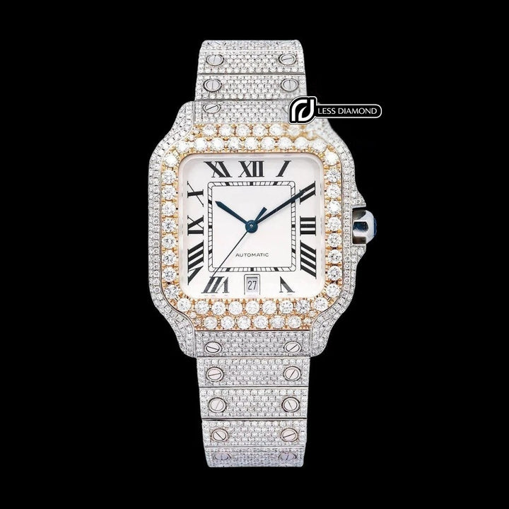 Cartier Santos White Dial Black Roman Numerals Two Tone Rose Gold Moissanite Watch Front View