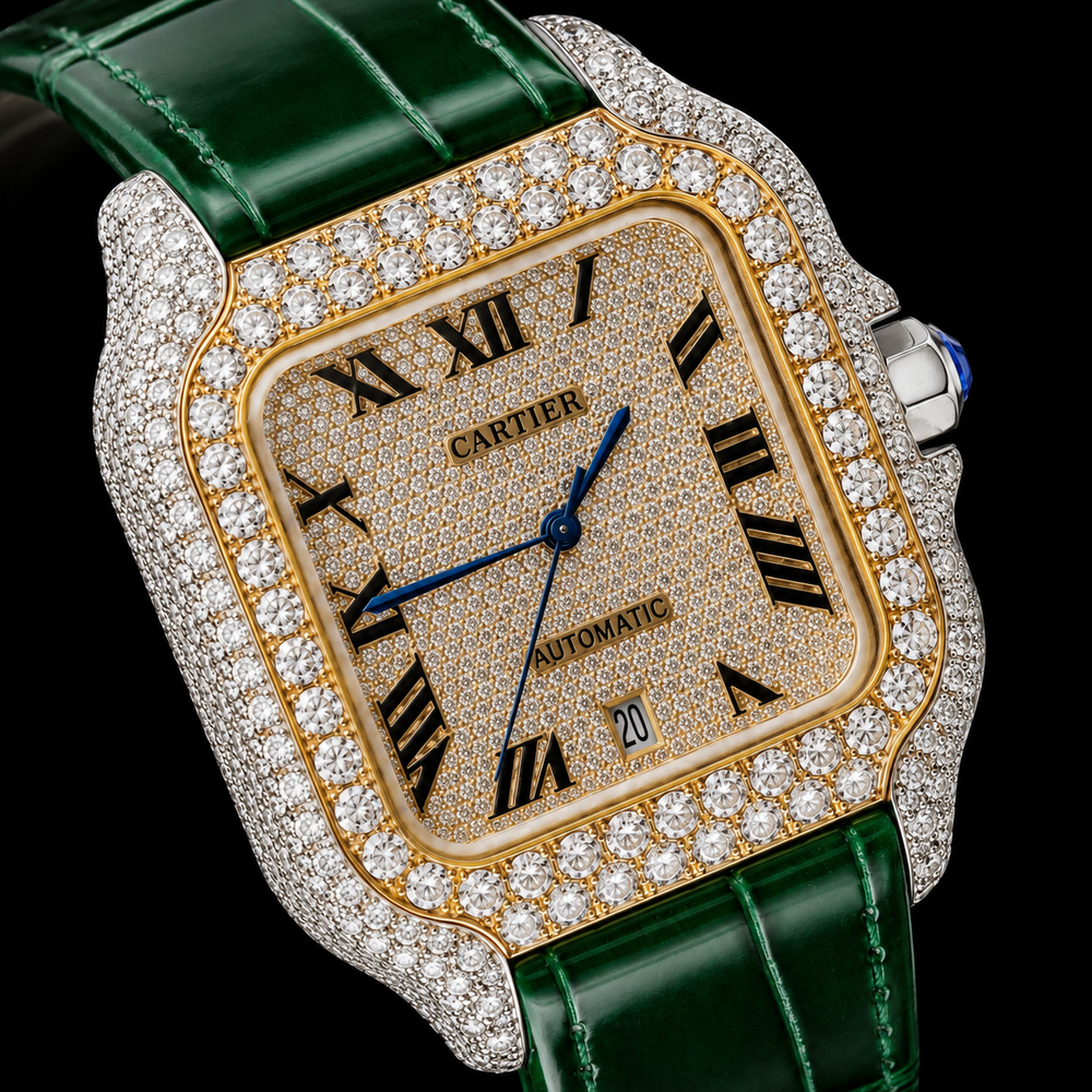 Cartier Santos Yellow Gold Roman Dial Green Leather Strap Semi Iced Out Moissanite Watch Close Up Dial View