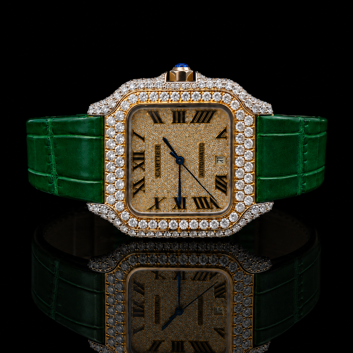 Cartier Santos Yellow Gold Roman Dial Green Leather Strap Semi Iced Out Moissanite Watch Close Up Front View