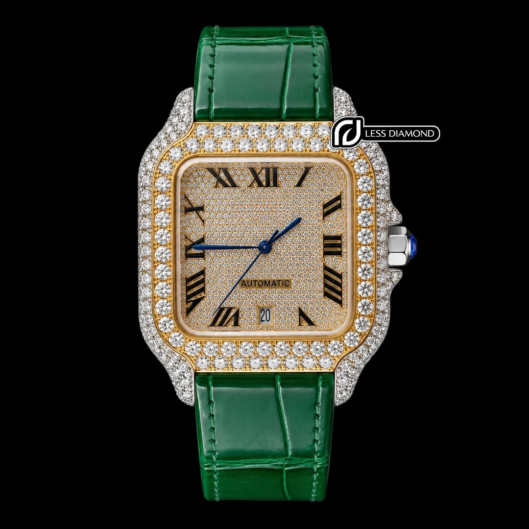Cartier Santos Yellow Gold Roman Dial Green Leather Strap Semi Iced Out Moissanite Watch Front View