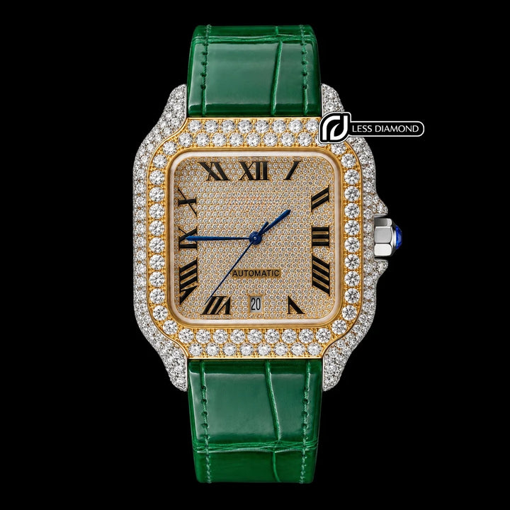 Cartier Santos Yellow Gold Roman Dial Green Leather Strap Semi Iced Out Moissanite Watch Front View