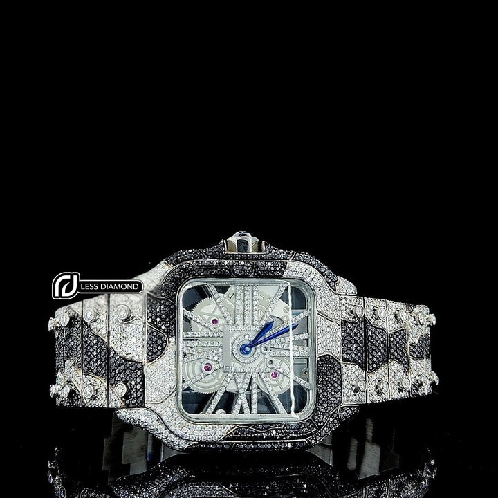 Cartier Skeleton Dial Black Camouflage Two Tone Iced Out Moissanite Watch