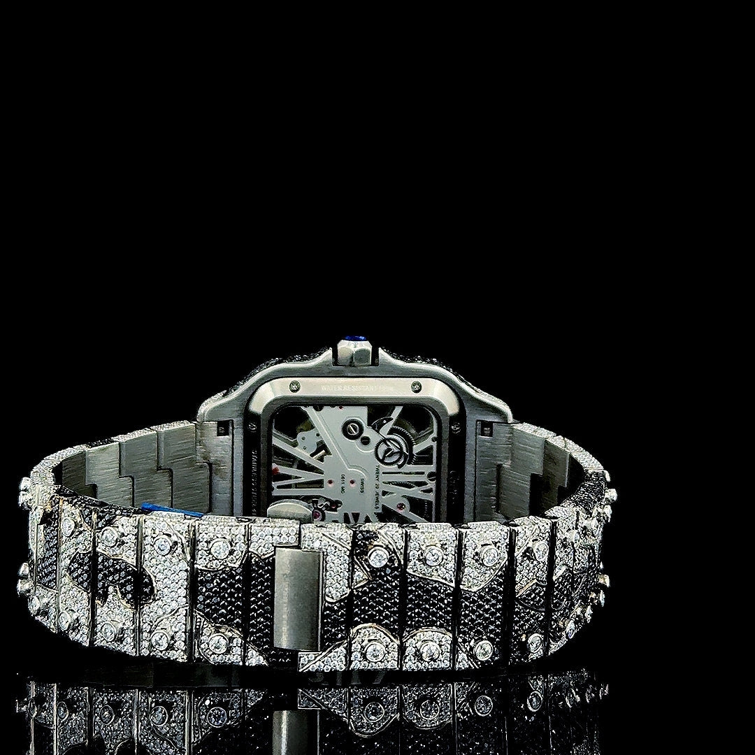 Cartier Skeleton Dial Black Camouflage Two Tone Iced Out Moissanite Watch Caseback View