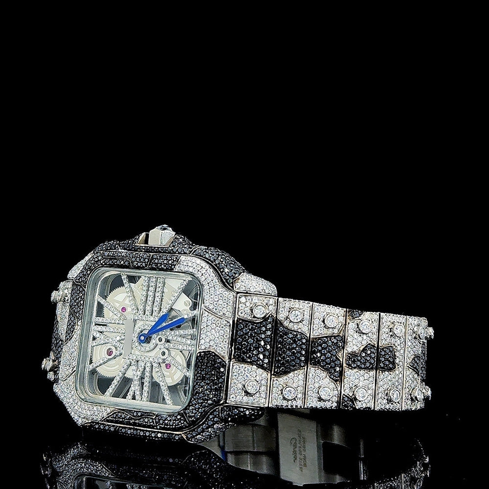 Cartier Skeleton Dial Black Camouflage Two Tone Iced Out Moissanite Watch Left Profile View