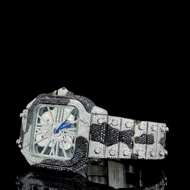 Cartier Skeleton Dial Black Camouflage Two Tone Iced Out Moissanite Watch Left Profile View