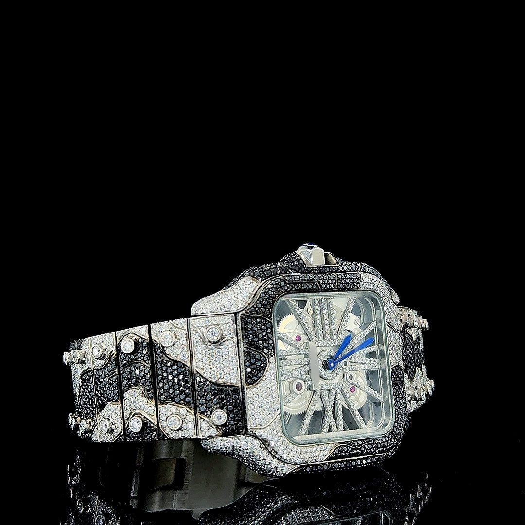 Cartier Skeleton Dial Black Camouflage Two Tone Iced Out Moissanite Watch Right Profile View