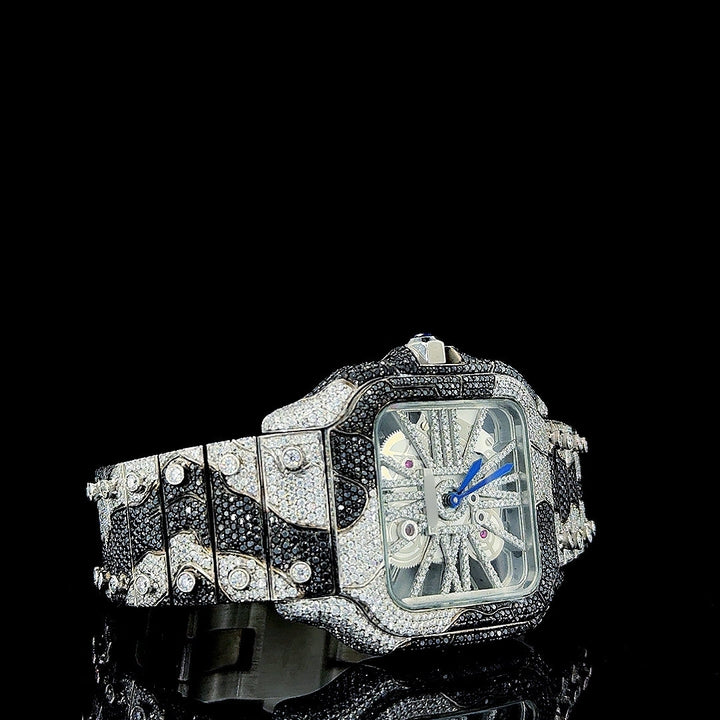 Cartier Skeleton Dial Black Camouflage Two Tone Iced Out Moissanite Watch Right Profile View