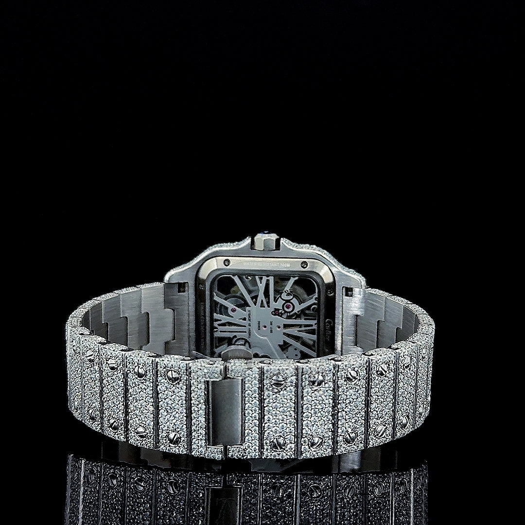 Cartier Skeleton Dial Fully Iced Out Moissanite Diamond Watch Caseback View