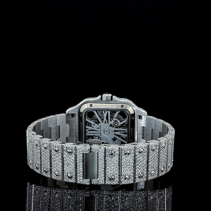 Cartier Skeleton Dial Fully Iced Out Moissanite Diamond Watch Caseback View