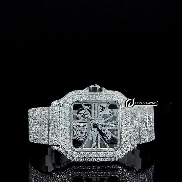 Cartier Skeleton Dial Fully Iced Out Moissanite Diamond Watch Front View