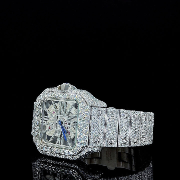 Cartier Skeleton Dial Fully Iced Out Moissanite Diamond Watch Left Profile View