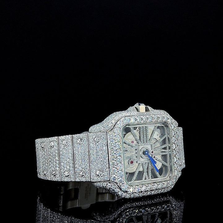 Cartier Skeleton Dial Fully Iced Out Moissanite Diamond Watch Right Profile View